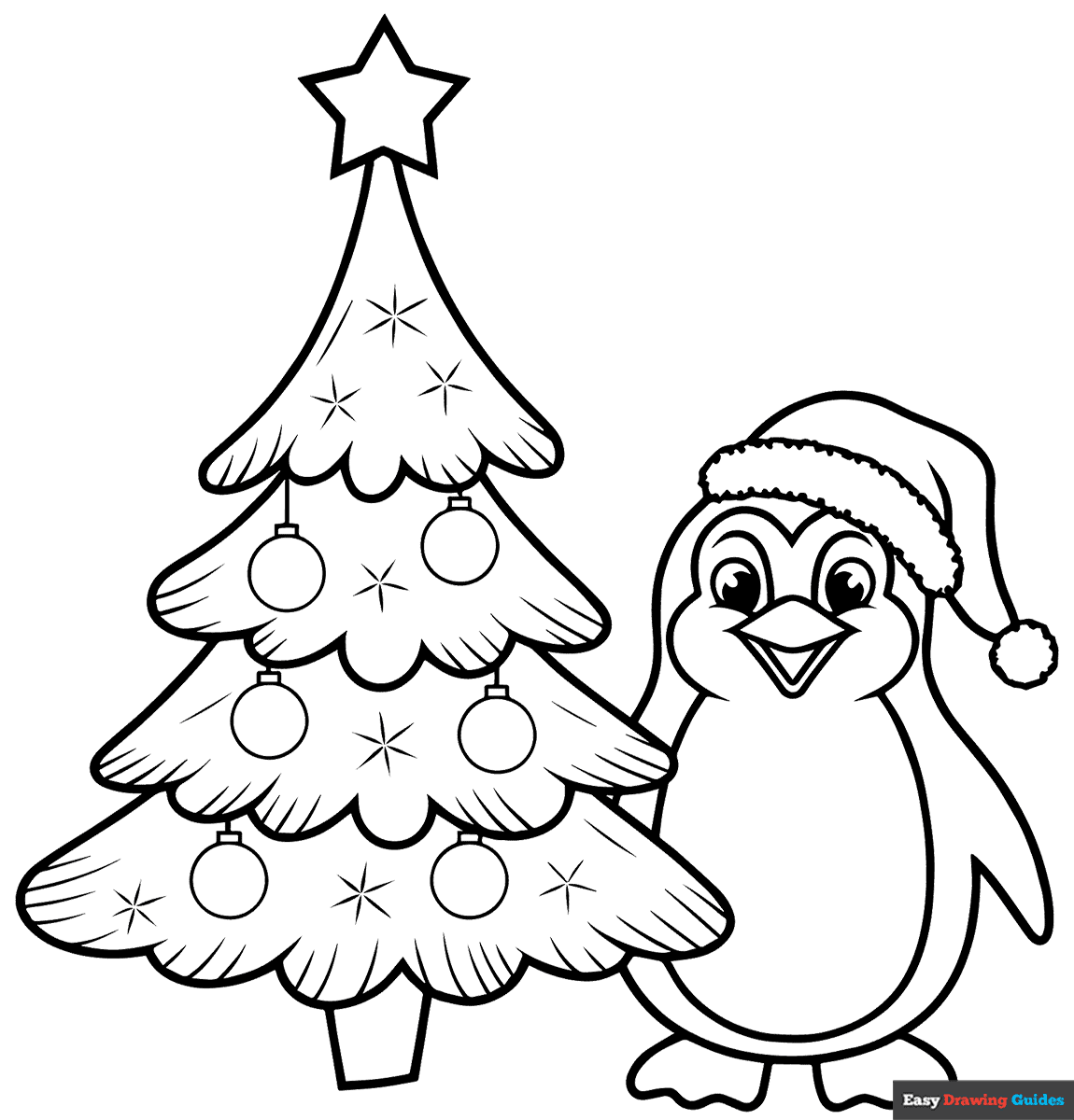 christmas tree and a penguin coloring page | easy drawing guides